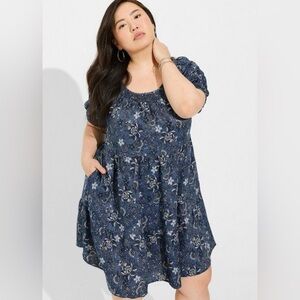 TORRID Mini Chambray Puff Sleeve Smocked Dress 3X floral cottagecore prairie